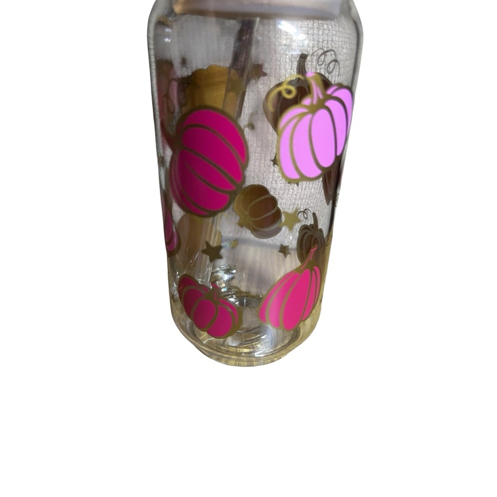 Pink Pumpkin Glass‎ Can Tumbler Set w/ Lid & Straw – 16oz Fall Halloween Cups - Picture 3 of 7